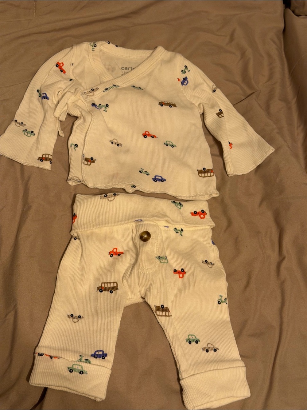 Carter's Cream Newborn Car Print Wrap Top & Pants Set